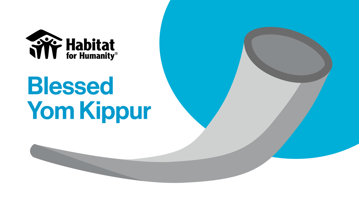 A graphic image with the words "Blessed Yom Kippur" in blue, underneath a black Habitat for Humanity logo and next to an illustration of the root of the shofar against a blue background.