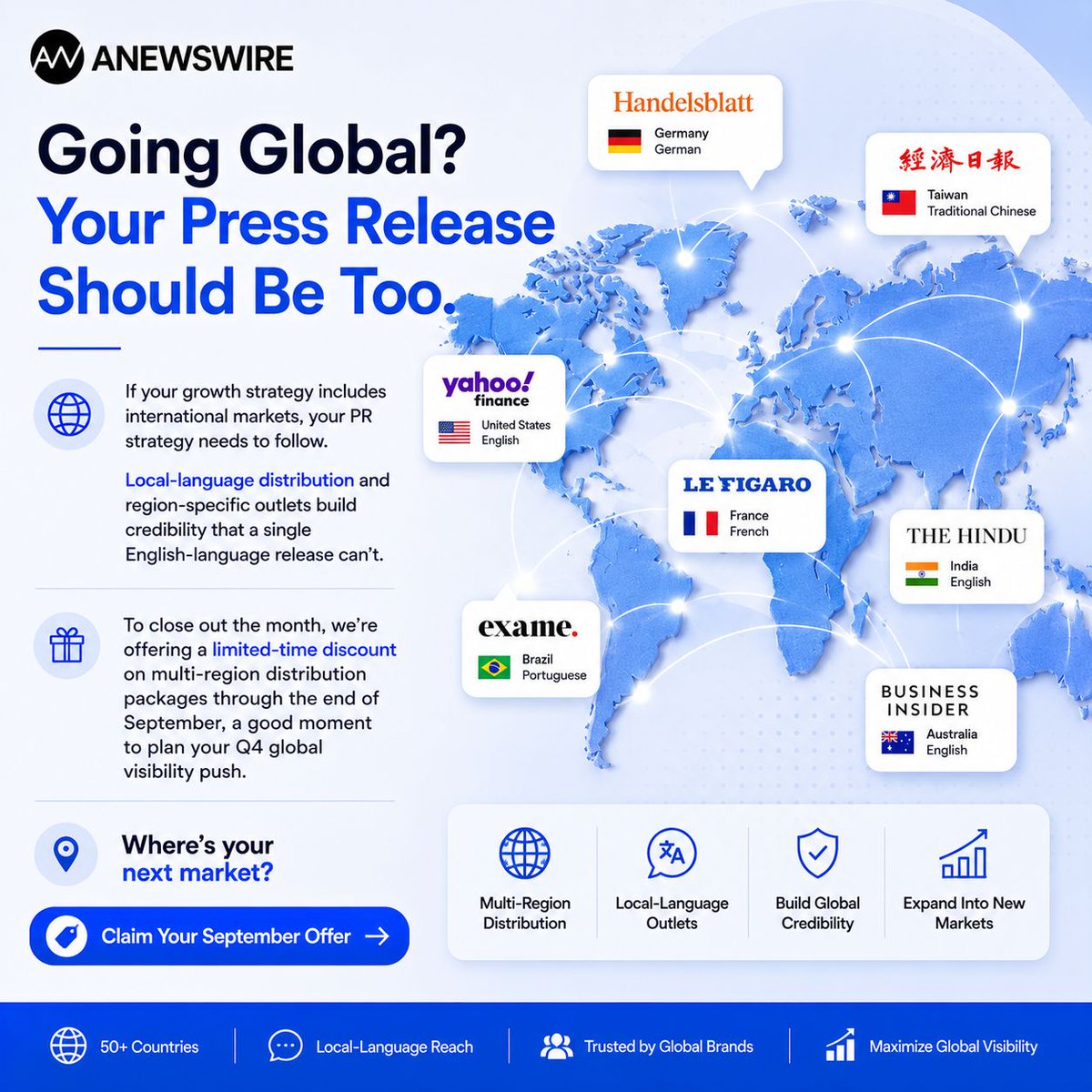 anewswire's tweet photo. Going global? Your press release should be too.
Reach international audiences with multi-region distribution and local-language media to build credibility and expand your brand into new markets.
Plan your global visibility push today.
#GlobalPR #ANEWSWIRE #MediaDistribution https://t.co/bBs0SqI03y