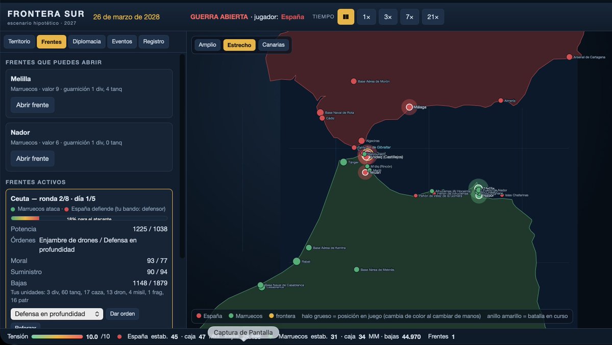 TheMarketsDesk's tweet photo. Frontera Sur. 26 de marzo de 2028.Guerra abierta. Tú eres España. Ceuta está bajo ataque.Enjambre de drones o defensa en profundidad. Tensión: 10 / 10.Melilla y Nador esperan. Una sola frente activa… de momento.#FronteraSur #indiedev https://t.co/rXtHuofeDO