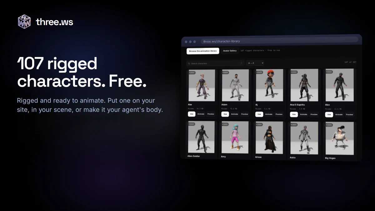 A three.ws card reading '107 rigged characters. Free.' beside a browser window showing the character library: a grid of rigged 3D characters, each with Use, Animate and Preview buttons