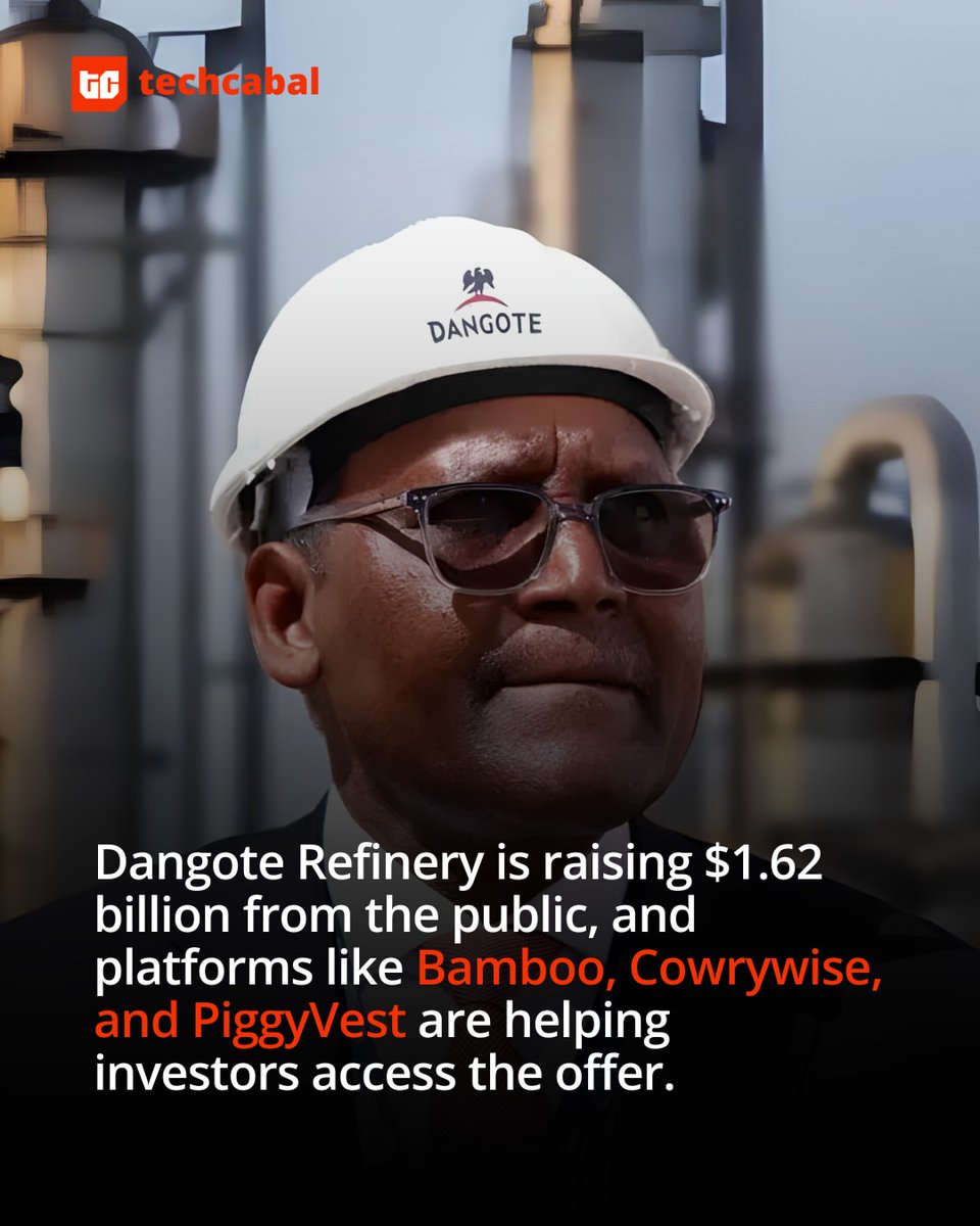 TechCabal's tweet photo. Nigeria’s biggest Initial Public Offering (IPO) should be a big payday for the fintechs helping investors buy it, but they are charging customers ₦0.

Dangote Refinery opened its ₦2.15 trillion ($1.62 billion) public offering on September 14, and investment platforms including @investbamboo  , @cowrywise , and @piggyvest  are not charging users direct transaction fees after buying the offering.

These fintechs are waiving direct fees such as brokerage, stamp duty, trade alerts, and Value-Added Tax because the bigger prize is the customer.

Here’s why: 
https://t.co/lBqTo7ZIFf

#techcabal #tcanalysis #dangote #dangoteipo