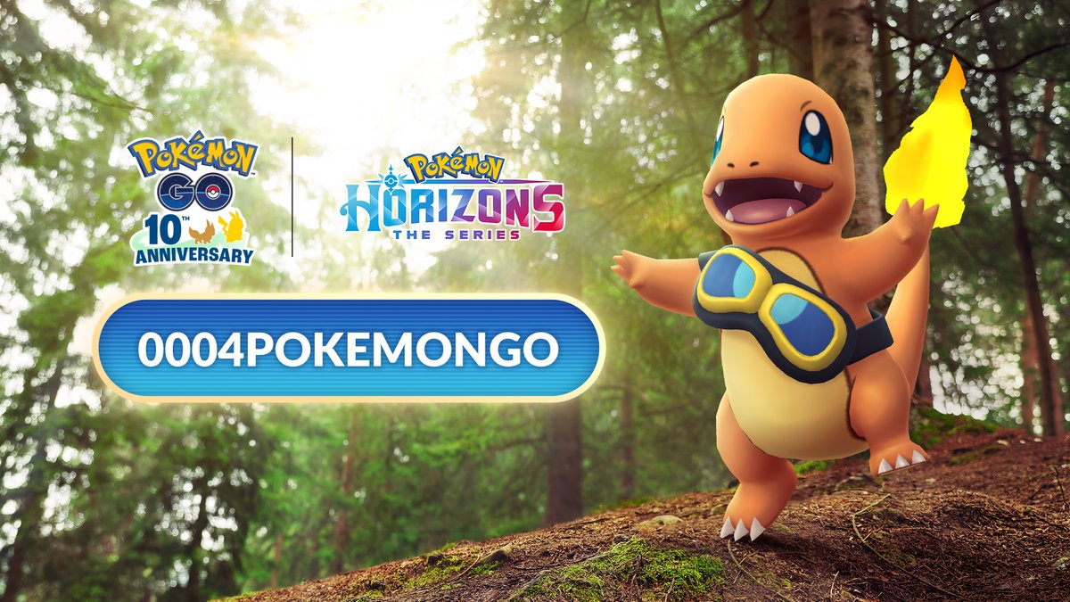 PokemonGoApp's tweet photo. Celebrate #PokemonHorizons: The Series with Charmander wearing Friede’s goggles in @PokemonGOApp! 🎉 

Use the code 0004POKEMONGO to get Timed Research that leads to this encounter! The Timed Research expires on September 22 at 8:00 p.m. local time.

https://t.co/wKjheHWRo7 https://t.co/Idkinux4lJ