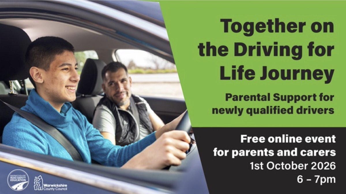 VisionZeroSW's tweet photo. To help keep the county’s newest motorists safe, the Warwickshire Road Safety Partnership is inviting parents, carers, and young drivers to attend a free, interactive webinar on Thursday, 1 October 2026

Register here: https://t.co/Qai60xQkrd https://t.co/cDQMVhPGkW