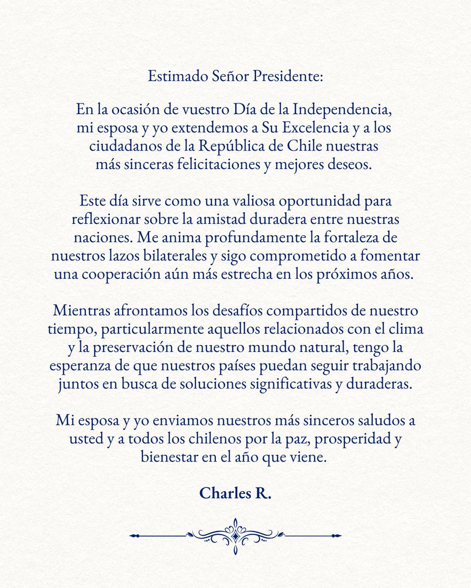 UKinChile's tweet photo. 👑🇬🇧 👑🇬🇧 Su Majestad, el Rey Carlos III, envió un saludo con motivo de las Fiestas Patrias de Chile, recordando que esta fecha constituye una valiosa oportunidad para reflexionar sobre la amistad entre nuestros países. 🇨🇱 https://t.co/th7wTYdc18