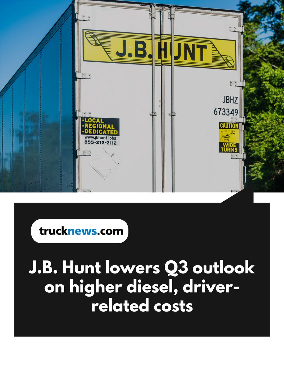 Todaystrucking's tweet photo. J.B. Hunt expects a $10-million #diesel headwind and $25 million in additional #driverrecruiting, advertising, training and onboarding costs

https://t.co/E6F8ryj1A2

#trucking #fleetmanagement #trucknews https://t.co/YQxdmDy7Hb
