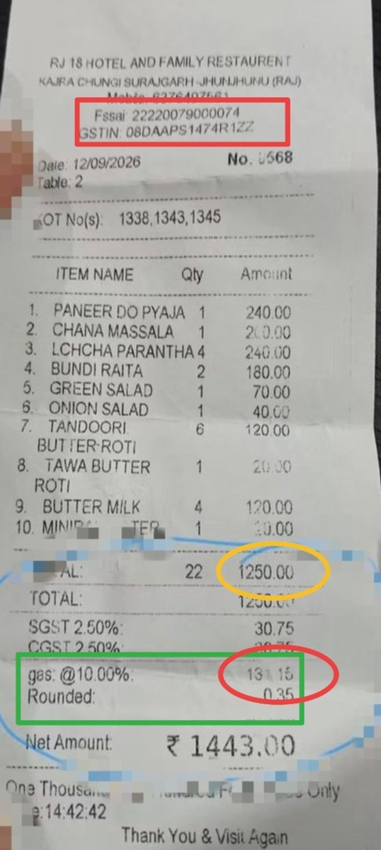 thakurdakshitaa's tweet photo. Rajasthan Restaurant Charges Extra 10% for Gas, Sparks Argument
A couple went to a restaurant in Rajasthan to enjoy a party, but their experience took an unexpected turn when they received the bill.
The total bill was ₹1,443, which included an additional ₹131 as a 10% gas charge. The extra charge reportedly upset the girlfriend, who questioned the restaurant staff about why they were being charged separately for gas.
The incident soon turned into a heated argument, with the girlfriend reportedly saying, “I’ll give you the gas thing…” The unusual charge and the couple’s reaction have attracted attention online, with many people discussing whether restaurants should add such charges separately to the bill.