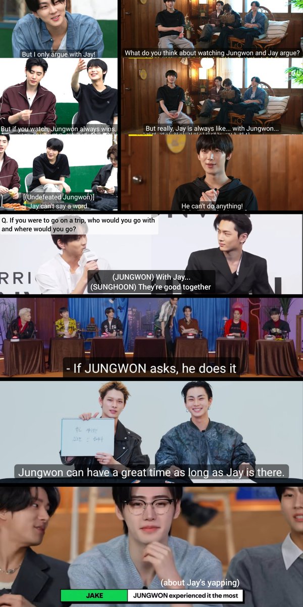 tarimeng22's tweet photo. Jake
"if jungwon ask, jay does it"
"jungwon experience it the most" (jay yapping)

Sunghoon
"they're good together" (jaywon) 

Sunoo
"jay always, with jungwon, he can't do anything" (during argument)

Ni-ki
"jungwon can have great time as long as jay is there"

😉
#야옹즈 #jaywon https://t.co/LJYkG1tTzp