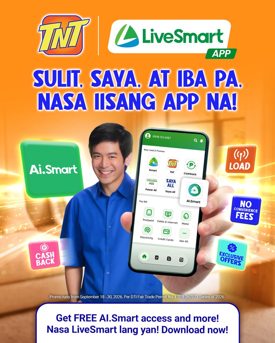 tntph's tweet photo. May bago nang puntahan para sa lahat ng SULIT AT SAYA. ๐ฑโจ
Sa LiveSmart App, may freebies, cashback, https://t.co/KMtz6Ua9ld credits, exclusive offers, at marami pang puwedeng makuhang saya!
Download na sa Google Play Store o App Store!
Learn more: https://t.co/LcL9OqzBaK https://t.co/nd47TLsLtW