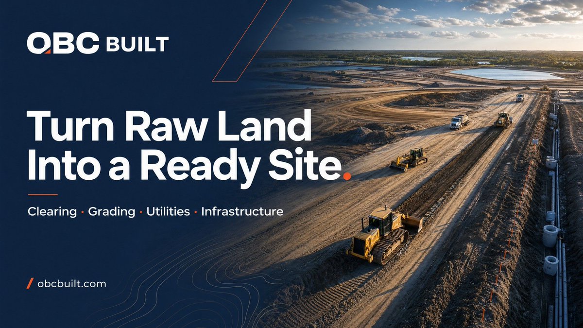 OBCBuilt's tweet photo. Turn raw land into a ready site.

Clearing, grading, utilities &amp; infrastructure for larger Florida projects.

https://t.co/mr3p5qGuS7
Eng. Reg. 39732 | GC Lic. CGC 1520090
#SiteDevelopment https://t.co/R9SBk6R5ag