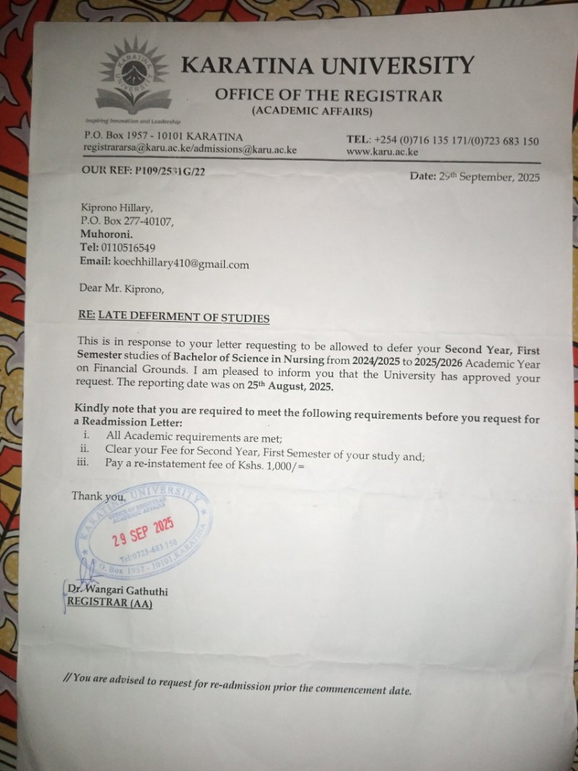 Koech_hillary_'s tweet photo. @HELBpage Here are the deferment and readmission letters. https://t.co/UANKsVPCMH