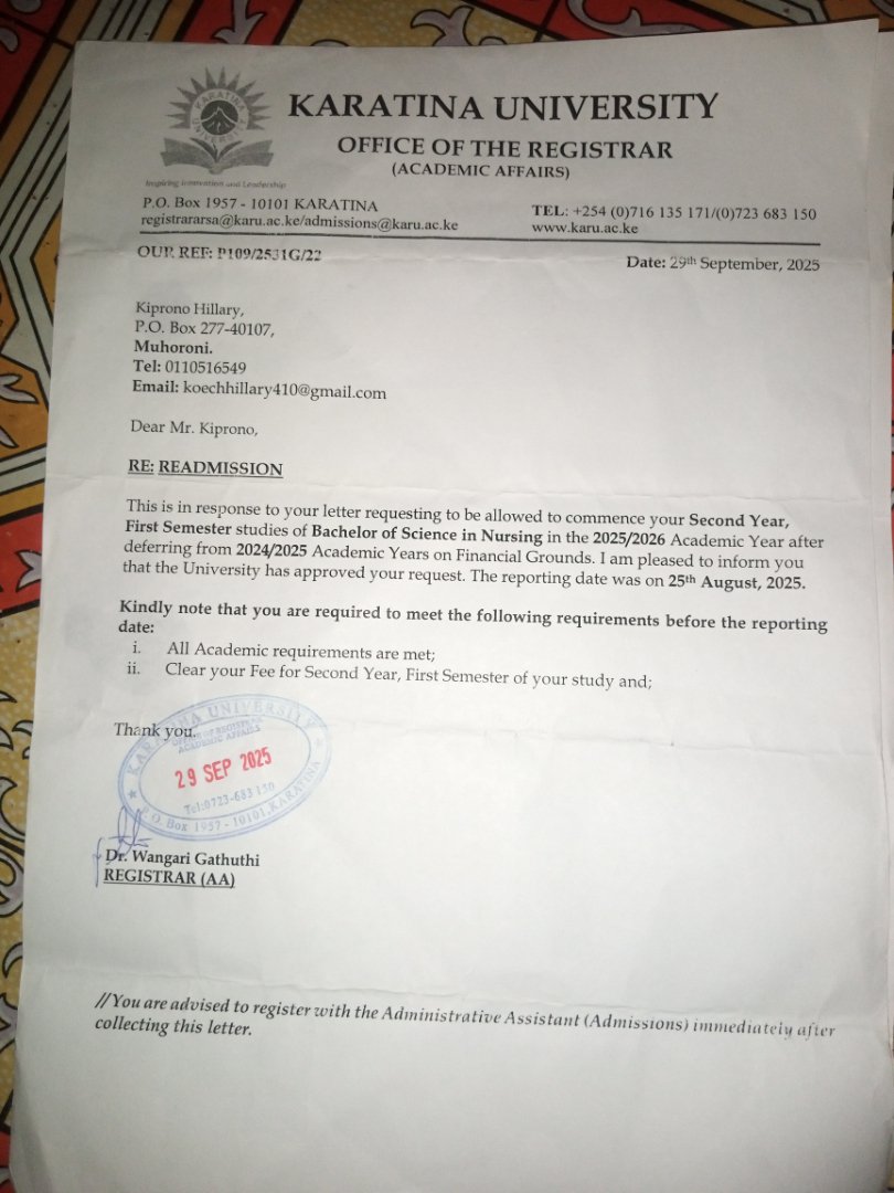Koech_hillary_'s tweet photo. @HELBpage Here are the deferment and readmission letters. https://t.co/UANKsVPCMH