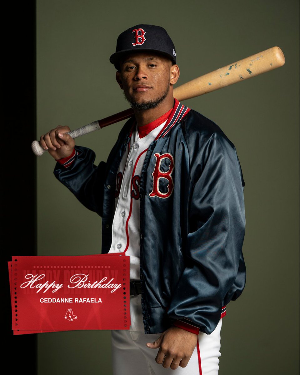TEXT: Happy Birthday 
Ceddanne Rafaela

IMAGE: Ceddanne Rafaela stands posed in front of a dark green background holding a bat on his shoulder. He is wearing the Red Sox home white uniform with a navy bomber jacket on top.
