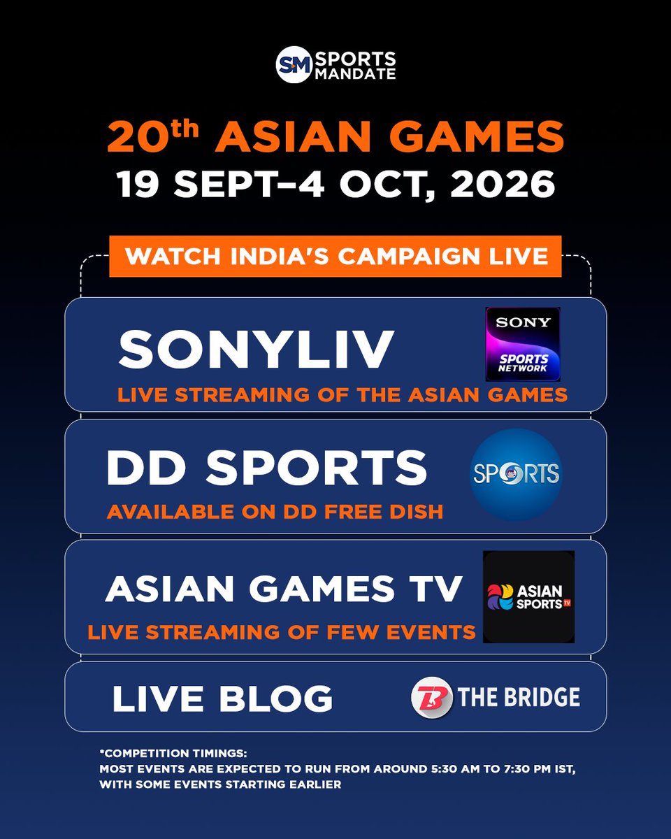 Sports_Mandate's tweet photo. Asian Games 2026: Here's where to catch every India moment 📺

The 20th Asian Games kicks off in Aichi-Nagoya, Japan, and India's medal charge is fully live for fans back home.

#AsianGames2026 #AichiNagoya2026 #SonyLIV https://t.co/NUyWf2pDBV