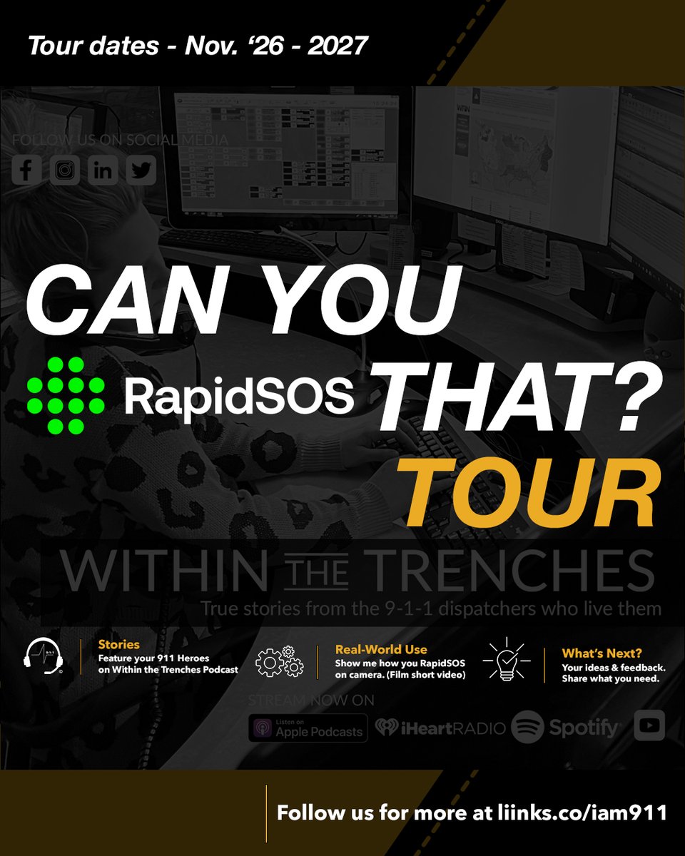 911podcast's tweet photo. Is your ECC an active RapidSOS user? I’m hitting the road soon and you could be one of my stops. During this tour I will record Within the Trenches podcast episodes with those on your team who are interested. I will also sit with one of your team members so that we can record a short video on how you use RapidSOS in your workflow. The link to register is below. The tour logistics and planning will start in November ‘26 and the tour will go throughout 2027. I hope to see you, capture some stories, and ask the question, Can you RapidSOS that?

Register here - https://t.co/AwgYteGnyW