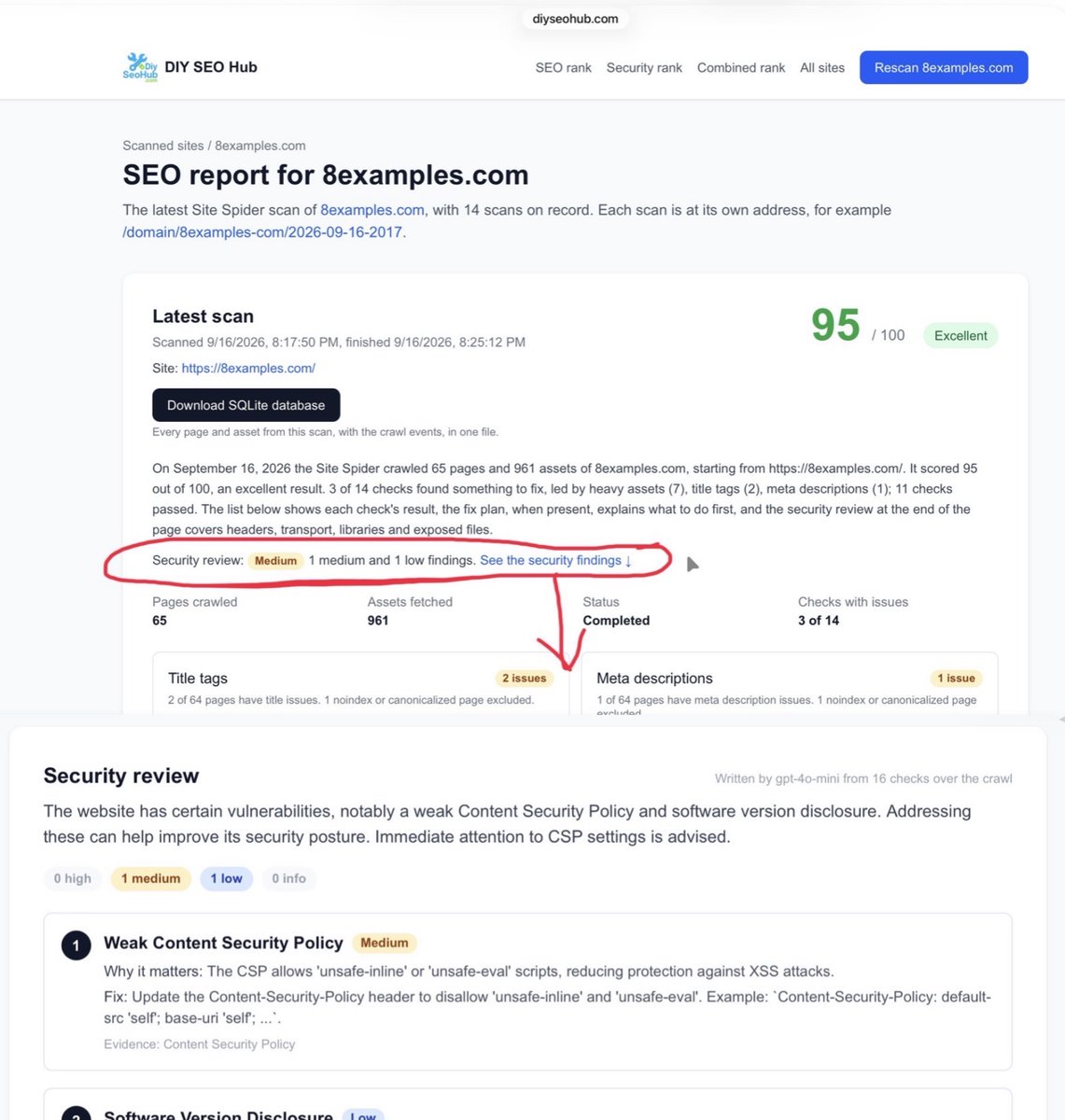 8Examples's tweet photo. https://t.co/gsuCliBbPJ does more than technical SEO; it also security scans your site

Most SEO tools stop at the usual checklist: titles, meta descriptions, broken links, Core Web Vitals. Useful, but it's only half the picture of your site's health.

DIY SEO Hub crawls your site into a SQLite database, then runs both passes over the same data. Technical SEO analysis and a security scan — missing security headers, exposed files, mixed content, the things that quietly hurt you long before anyone notices.

One crawl, two sets of findings. No reason to pay for two tools when the data is already sitting there.

Give it a try: https://t.co/gsuCliBbPJ

#SEO #TechnicalSEO #WebSecurity #IndieHackers #BuildInPublic