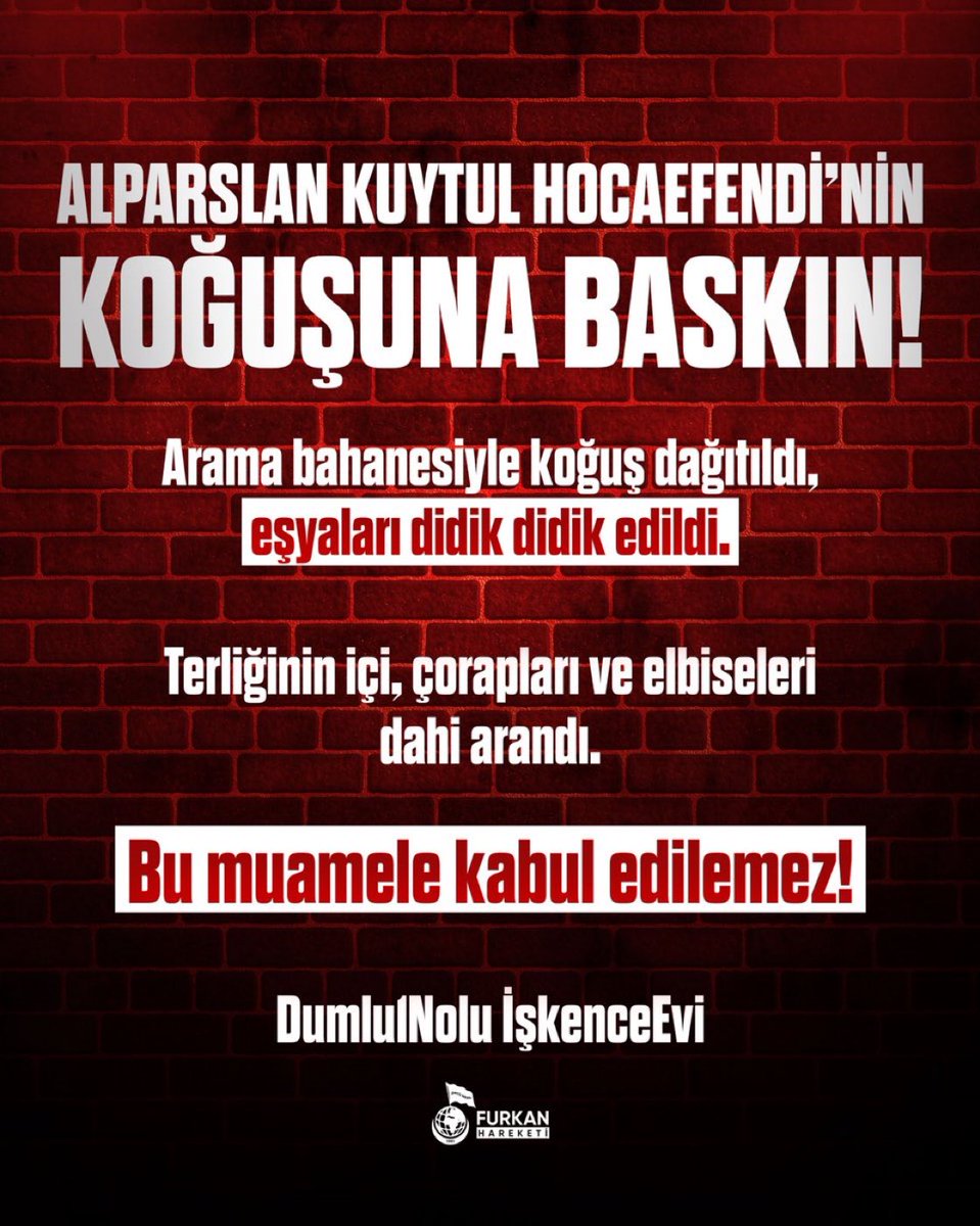 ManisaFh45's tweet photo. ALPARSLAN KUYTUL HOCAEFENDİ’NİN KOĞUŞUNA BASKIN!

Arama bahanesiyle koğuş dağıtıldı, eşyaları didik didik edildi.

Terliğinin içi, çorapları ve elbiseleri dahi arandı.

Bu muamele kabul edilemez!

https://t.co/UmSUPlMkQX…

#YargıEliyleZulüm
Dumlu1Nolu IşkenceEvi
AlparslanHocaya https://t.co/5DazNoSLQm