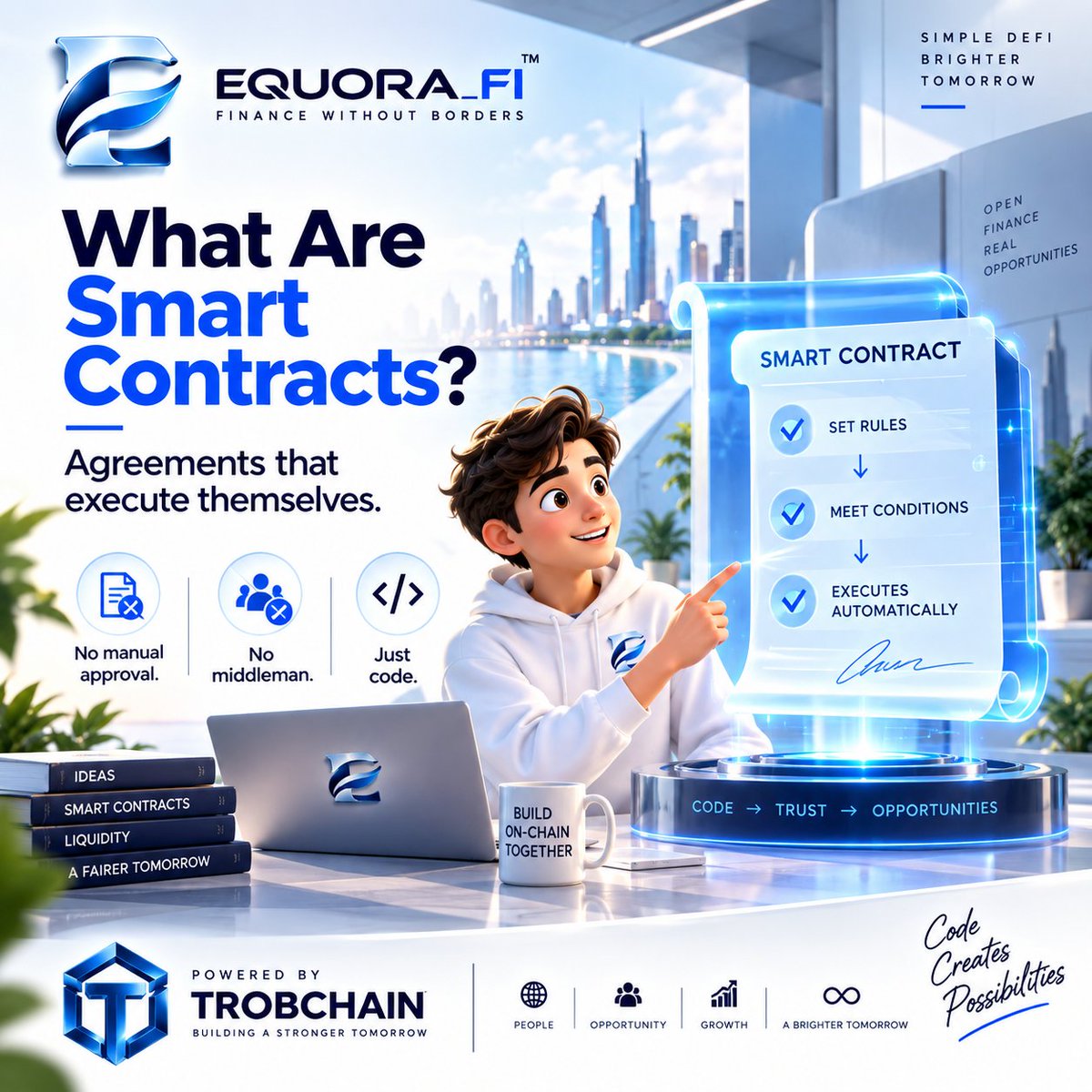 EquoraFi's tweet photo. ⚡ What Are Smart Contracts?

Think of them as digital agreements written in code.

Set the rules.
Meet the conditions.
The contract executes automatically.

No manual approval.
No middleman.
Just code, running on-chain. 🔗

Equora_Fi — DeFi designed around smart contracts. 💙

#EquoraFi #SmartContracts #DeFi #Blockchain #Web3