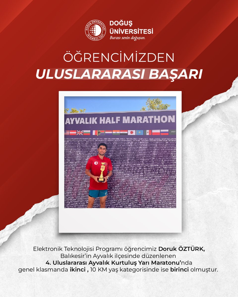 DogusUniv's tweet photo. Öğrencimizden Uluslararası Başarı!
Elektronik Teknolojisi Programı öğrencimiz Doruk ÖZTÜRK, Balıkesir’in Ayvalık ilçesinde düzenlenen 4. Uluslararası Ayvalık Kurtuluş Yarı Maratonu’nda genel klasmanda ikinci, 10 km yaş kategorisinde ise birinci oldu. https://t.co/i1xei7Wga4