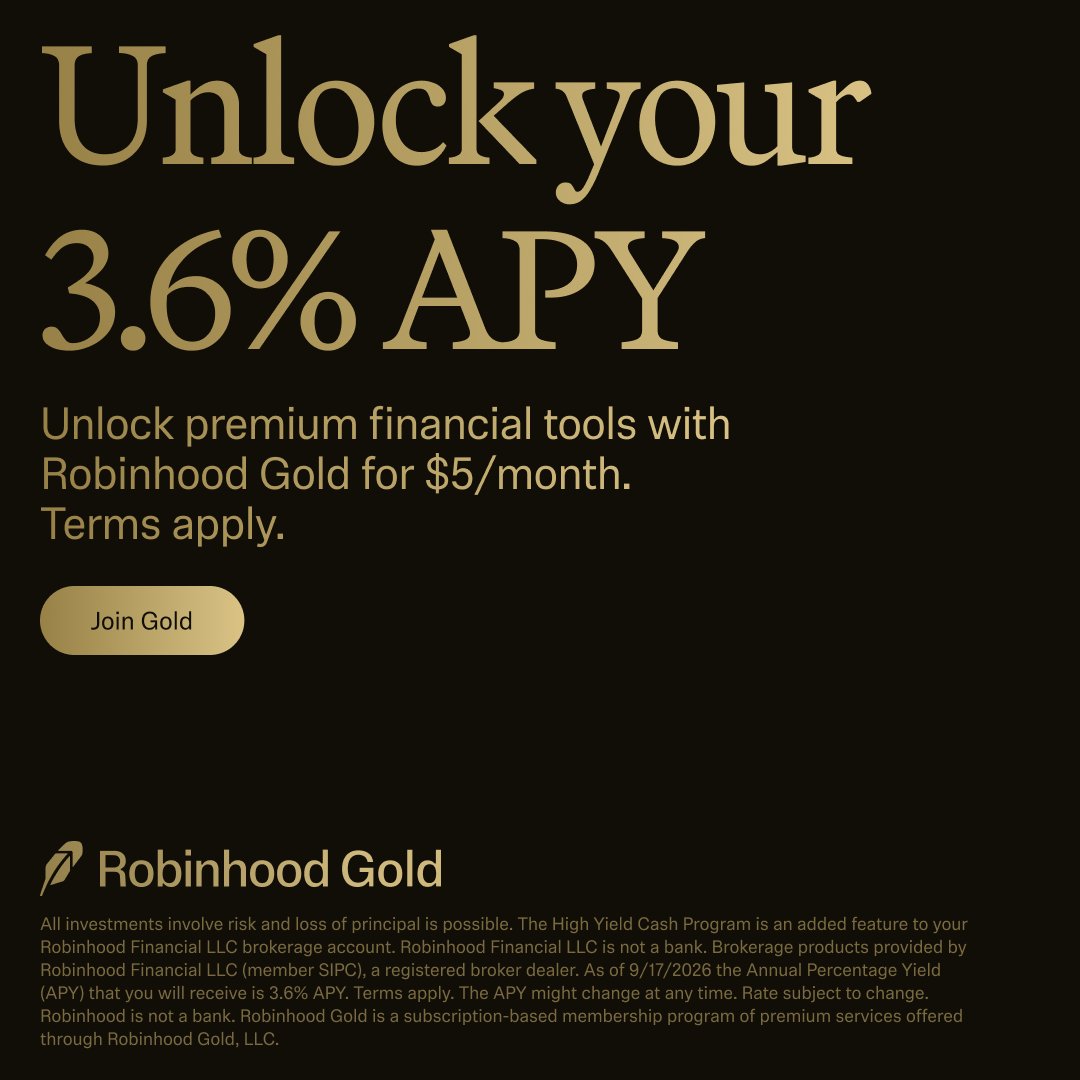 RobinhoodApp's tweet photo. Earn 3.6% APY free for 30 days, then a $5/mo subscription w/ Robinhood Gold. Terms apply.