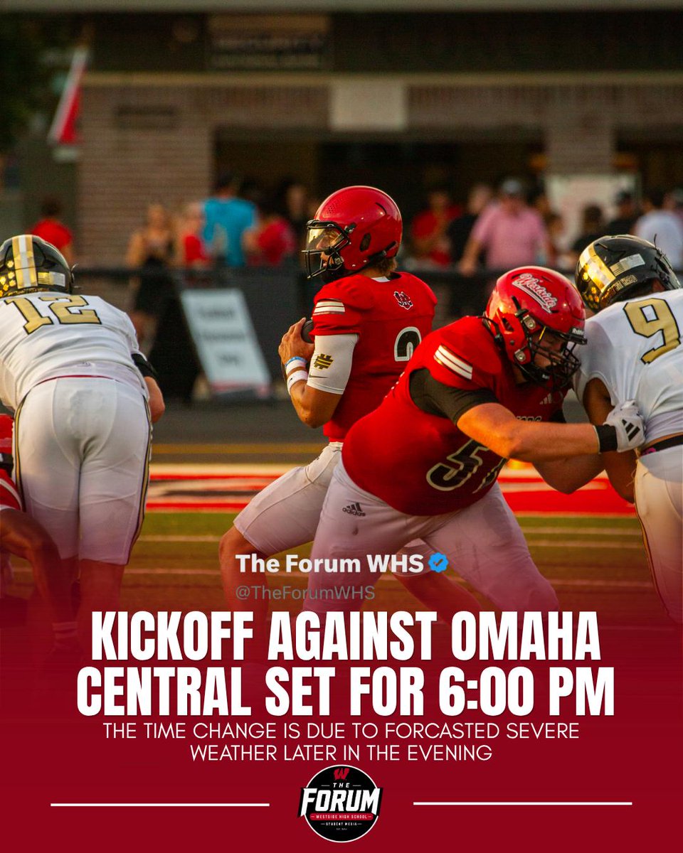 TheForumWHS's tweet photo. 🚨⌚️ KICKOFF CHANGE ⌚️🚨

Kickoff has been adjusted to 6:00 PM to avoid potential severe weather later in the evening. 

Stay locked into The Forum for the latest updates and news with all things Westside activities! https://t.co/gmFAEUPEWC