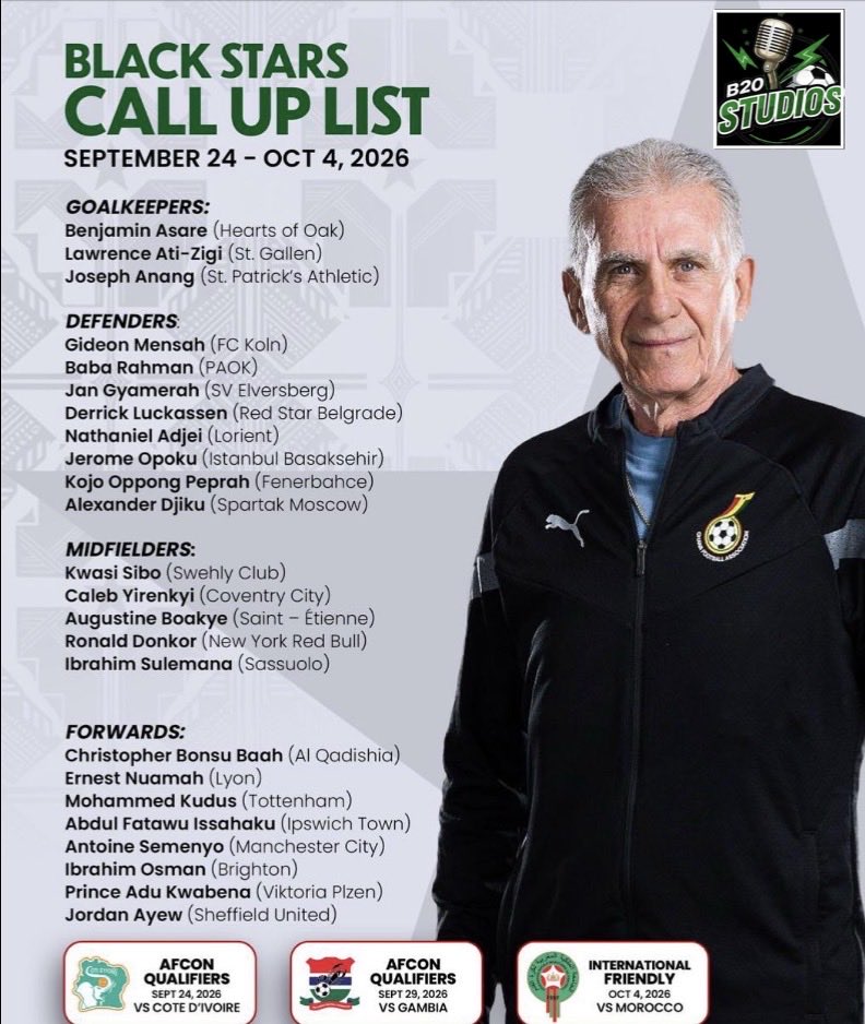 Mystakrooz's tweet photo. 🚨🇬🇭 OFFICIAL: BLACK STARS SQUAD ANNOUNCED!

Carlos Queiroz has named Ghana’s 24-man squad for the upcoming AFCON 2027 qualifiers, with Mohammed Kudus and Alexander Djiku returning. Two new faces, Jan Gyamerah and Ronald Donkor, have also received their first senior call-ups. https://t.co/TGmLdgdESW