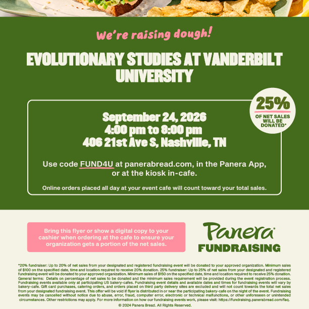 EvolutionVU's tweet photo. Next week Thursday (9/24) we'll be holding a fund raiser at Panera Bread on 21st Ave just off campus! Come on by with the flyer or use code FUND4U between 4pm and 8pm to support our cause! Evolution of gut microbiota, anyone? https://t.co/KX4pruNPzg