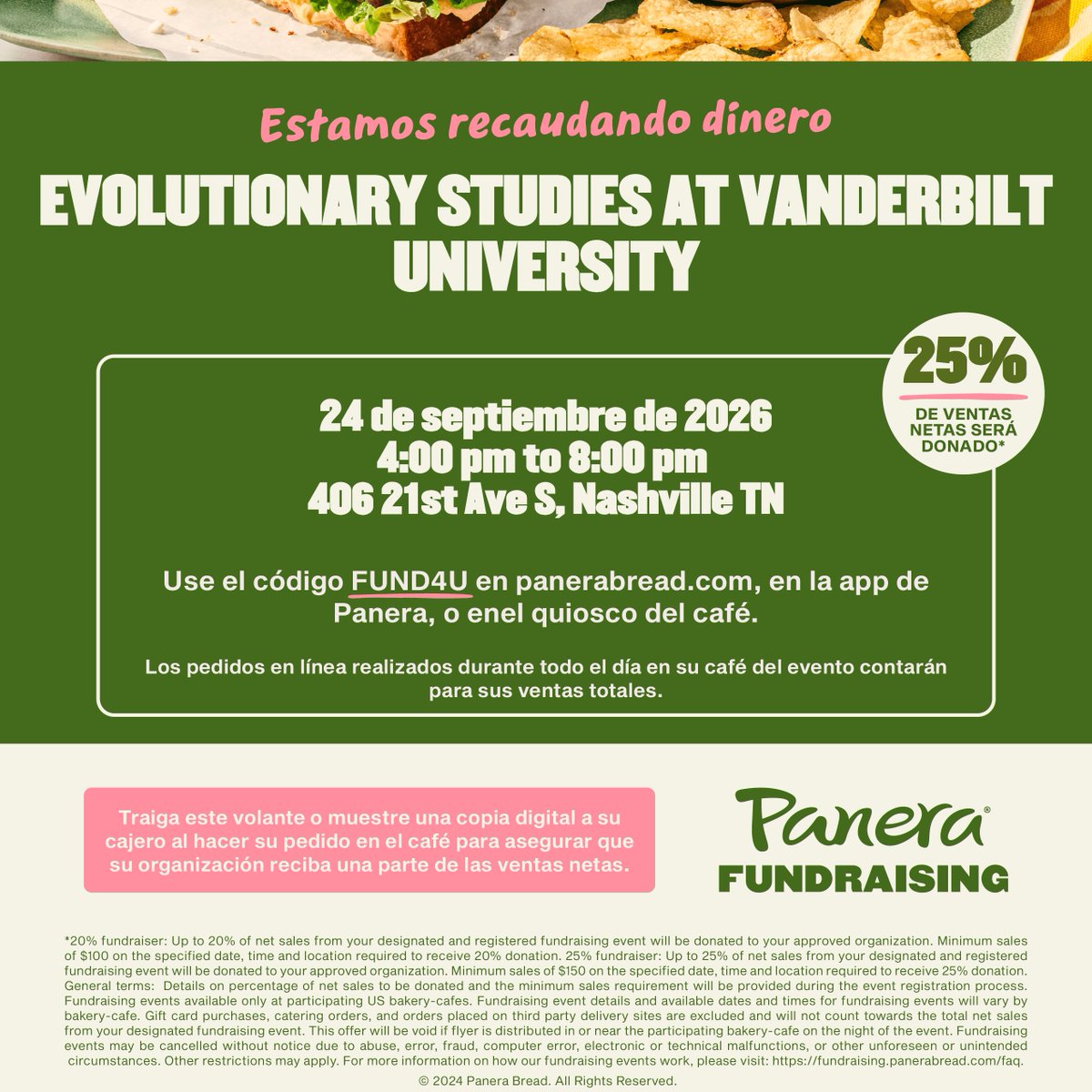 EvolutionVU's tweet photo. Next week Thursday (9/24) we'll be holding a fund raiser at Panera Bread on 21st Ave just off campus! Come on by with the flyer or use code FUND4U between 4pm and 8pm to support our cause! Evolution of gut microbiota, anyone? https://t.co/KX4pruNPzg