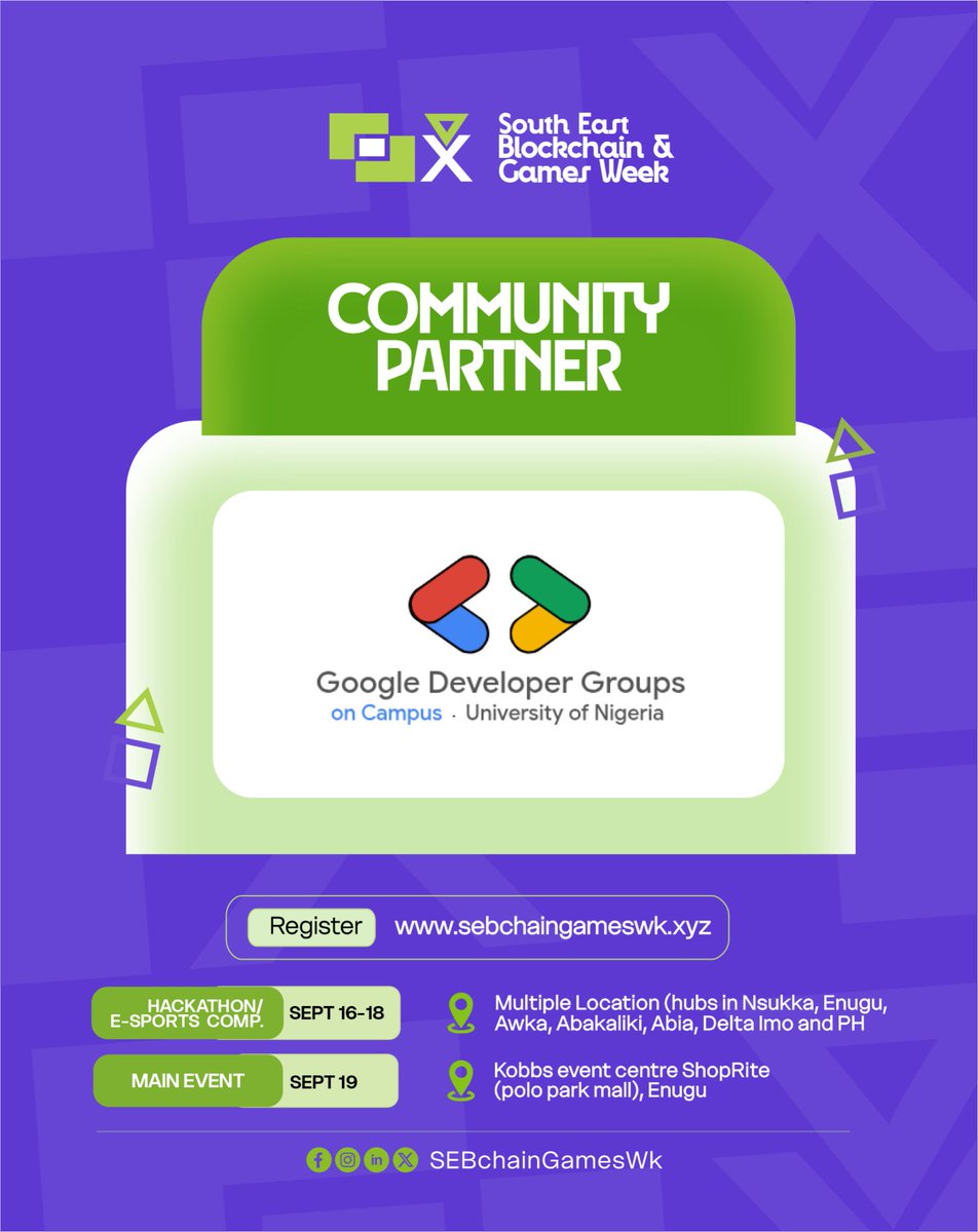SEBchainGamesWK's tweet photo. @Official_GIDA @XtremeGangNG @creatorverse_hq @AnalyticSages @creativecsummit @nauticaleast @OpenSourceNest @GDG_UNN (GDG on Campus UNN) is in the mix as a Community Partner for SEBGW!

Student-led tech community for beginners and seasoned builders at University of Nigeria, Nsukka. https://t.co/Pkuystyf0D