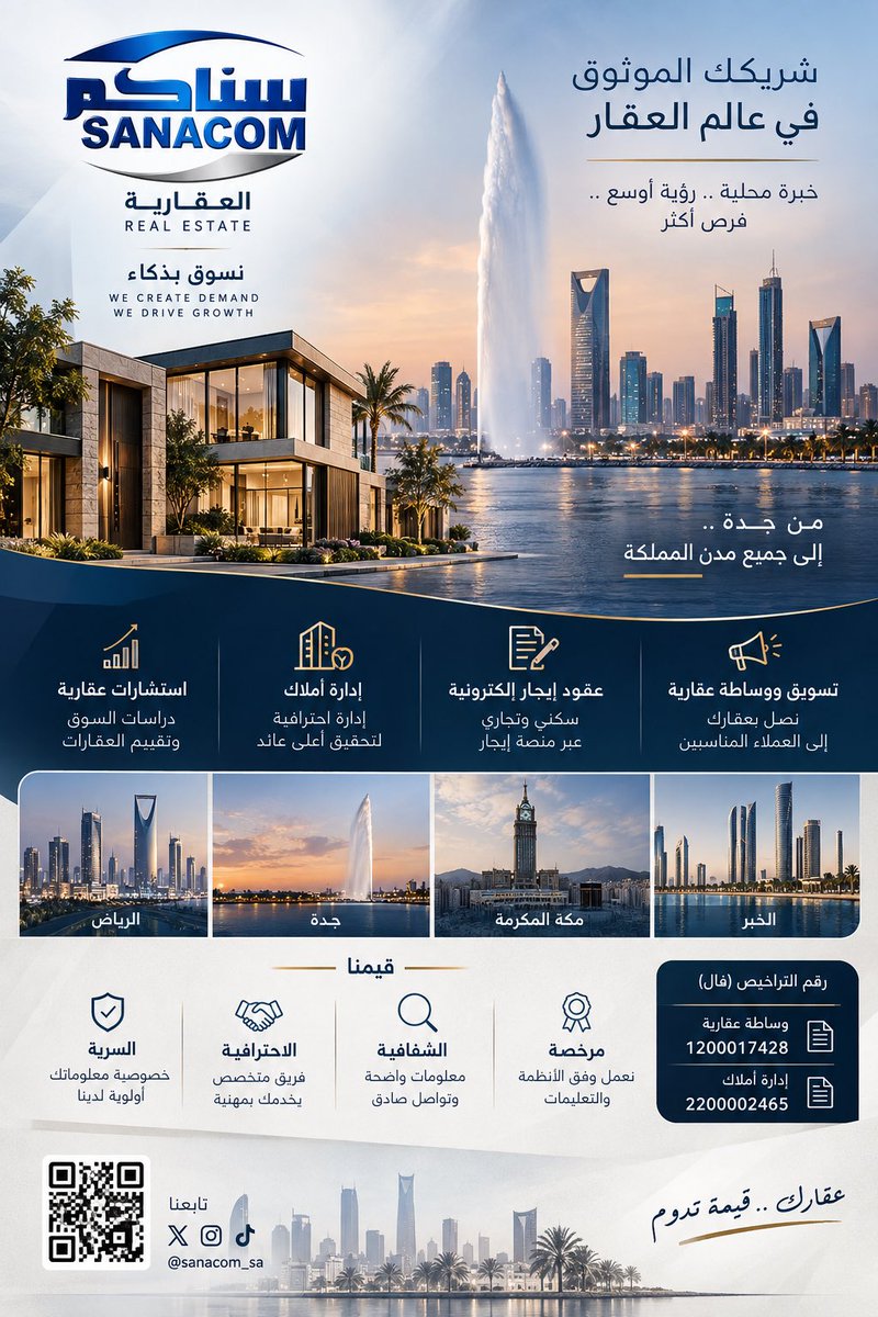 sanacom_sa's tweet photo. عقارك يستحق تسويقًا يعرف قيمته.

مع سناكم العقارية نصل بعقارك إلى العميل المناسب، ونسهّل عليك رحلة البيع أو التأجير باحترافية ووضوح.

خدماتنا:
بيع وشراء العقارات | التأجير والاستئجار | التسويق والوساطة العقارية | إدارة الأملاك | عقود الإيجار الإلكترونية

لديك عقار للبيع أو للإيجار؟ أو تبحث عن عقار يناسبك؟
تواصل معنا، وخلّ الباقي علينا.

📞 0555863162
X | Instagram | TikTok
@sanacom_sa

https://t.co/cRIAqp2zjd

سناكم العقارية | نسوّق بذكاء

#سناكم_العقارية #استثمارات #عقارات_السعودية #عقارات_جدة #عقارات_الرياض #عقارات_الخبر #عقارات_مكة  #عقار #عقارات #السعودبة 
#اكسبلور  #ترند