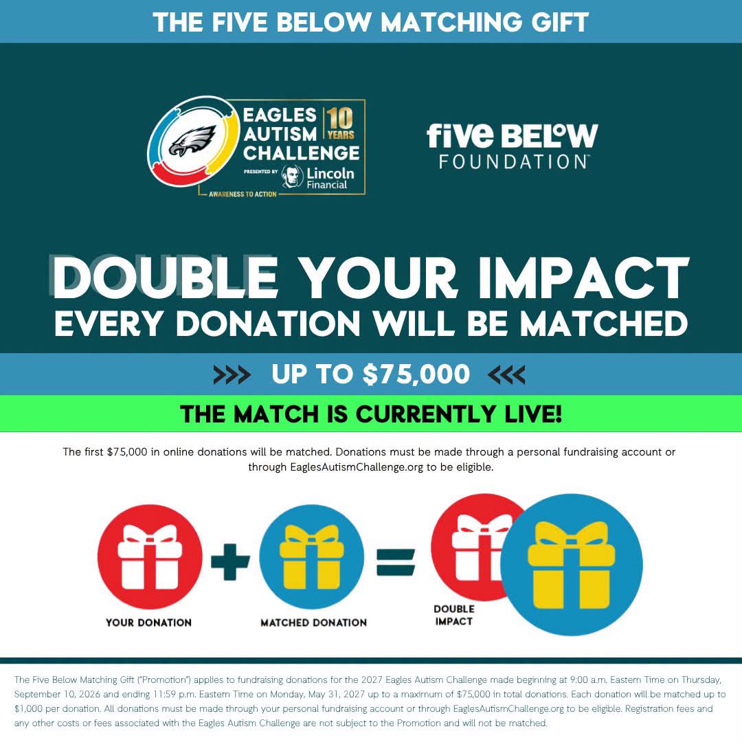DAdRobs's tweet photo. Eagles Autism Challenge registration is open again! 

If you have never done this awesome event, I encourage you to register. You can do so for free with the code GOBIRDS10

If you can’t make it, I would love your support and gifts are being matched now! (Link in reply) https://t.co/u5ZNMrk0u4