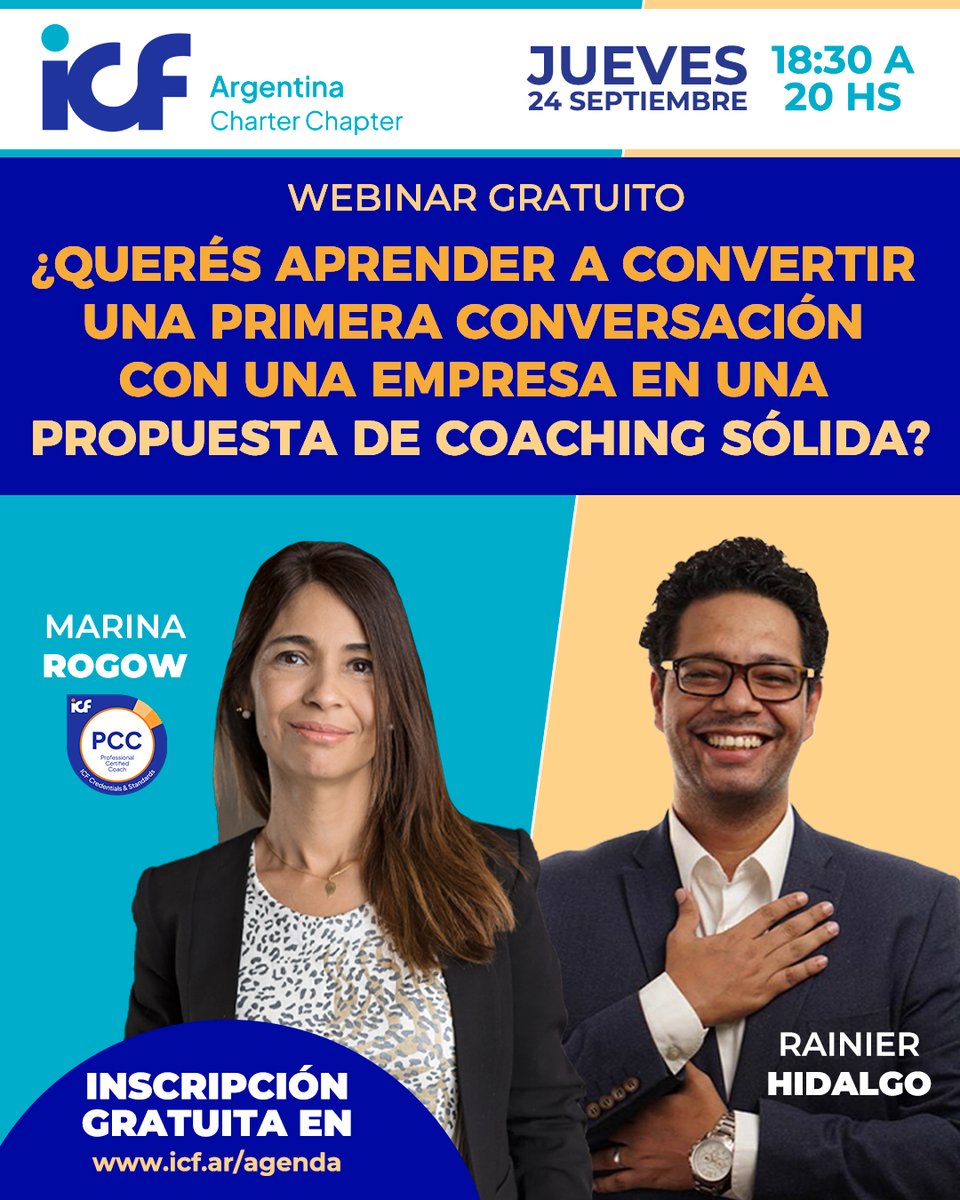ICFArgentina's tweet photo. ¿Querés aprender a convertir una primera conversación con una empresa en una propuesta de coaching sólida?

📅 Jueves 24 de septiembre | 18:30 a 20:00 h
🔒 Exclusivo para socios de ICF Argentina

🔗 Inscribite acá: 
https://t.co/sDOaV9pMXx https://t.co/zyO0xjk5Rw