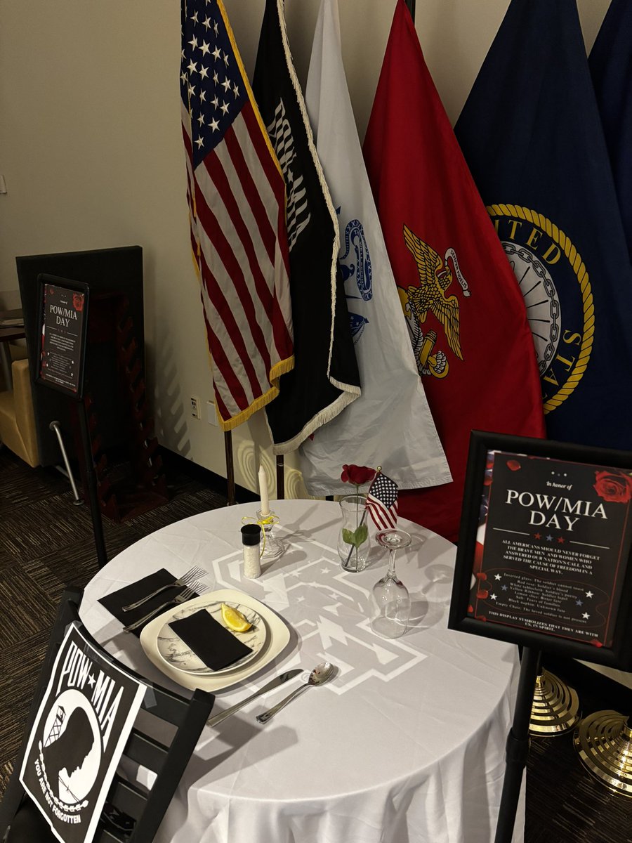 mike_kepner6's tweet photo. Today, we pause to remember and honor those who served and never came home and those still unaccounted for.
Our POW/MIA Table stands in the Military & Veteran Success Center as a solemn reminder: You Are Not Forgotten.
#POWMIA #POWMIADay #NeverForgotten #UCF #GKCO https://t.co/ZUG0V2jmRx