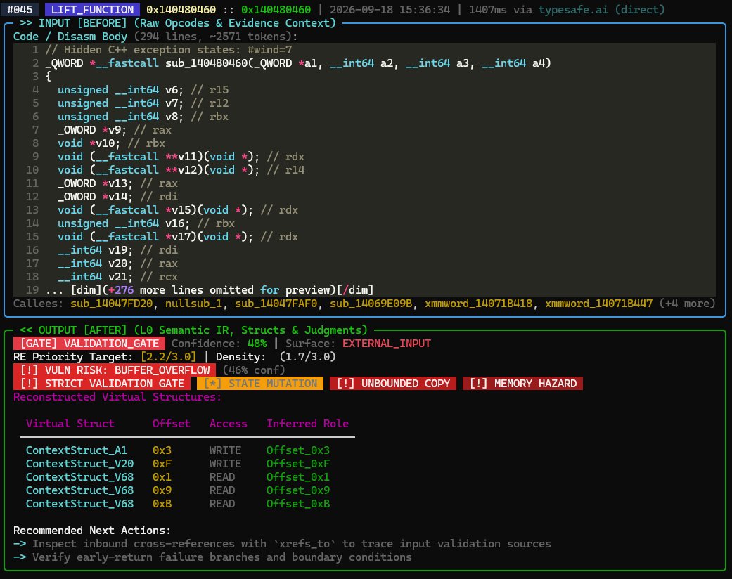 centiniels's tweet photo. Stop dumping raw ASM into LLMs.

Deterministic control via Jev — engine that constrains the model. Jev extracts semantic IR, types struct offsets, and flags buffer overflows upfront, preventing hallucinations at the source.

-80% Token Usage
#TypeSafe https://t.co/D5brFQEVWr