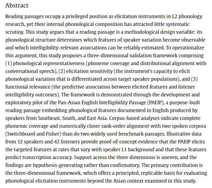 RMALJournal's tweet photo. New article: 
Zhou, K. (2026). Reading passages as design variables in L2 phonology: A three-dimensional framework and an exploratory pilot. Research Methods in Applied Linguistics, 5(3), 100372: https://t.co/1ylNxI7sLM https://t.co/oLgvBbZuRC