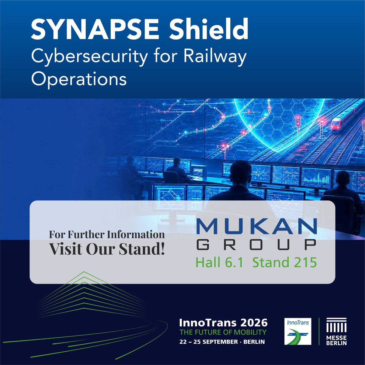 mukanrail's tweet photo. Cybersecurity built for the realities of railway operations.

SYNAPSE Shield brings a railway-focused approach to cybersecurity, designed to help protect the digital environments behind safe and reliable operations.

Meet us at InnoTrans 2026 and explore SYNAPSE Shield! https://t.co/CKmwjQO9kJ