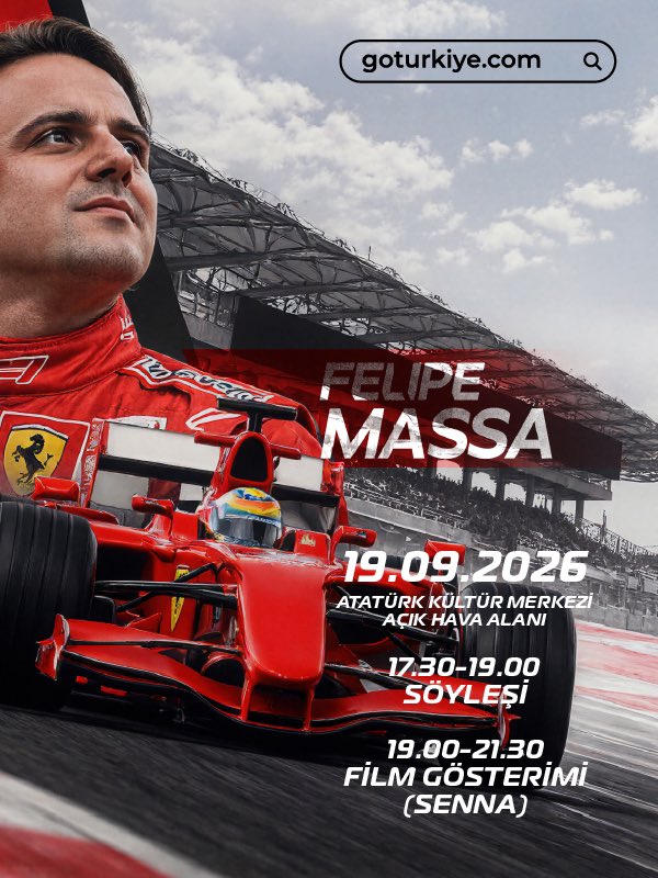 serhanacar's tweet photo. 🇹🇷 #turkishgp deki ilk zaferinin 20. yılında Felipe Massa, @GoTurkiye'nin davetlisi olarak bu hafta sonu İstanbul’da!

🎞️ @tosfed_istpark ta üst üste üç zafere imza atan Brezilyalı Ferrari pilotu, yarın saat 17:30’da İstanbul AKM’de Formula 1 tutkunlarıyla buluşacak ve 19:00’dan itibaren efsanevi Senna’nın filmini birlikte izleyeceğiz. 

🎟️ Massa ile beraber sinema keyfini yaşamak için tek yapmanız gereken https://t.co/cNyGD3OMV4 adresine kaydolmak. Taraftar kontenjanı 200 kişiyle sınırlı olduğundan, elinizi çabuk tutmanızı tavsiye ederiz. 

😉 Pazar günü için @GoTurkiye ve @TOSFED in F1 tutkunlarına ayrı bir sürprizi daha olacak, sosyal medyaya bakmayı unutmayın.