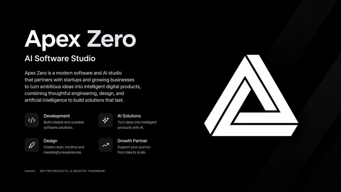 Madisonrussle's tweet photo. Apex Zero is a modern AI software studio focused on turning ambitious ideas into intelligent digital products. From development and design to AI solutions, we build products made to grow. https://t.co/OaV2oGnIaL