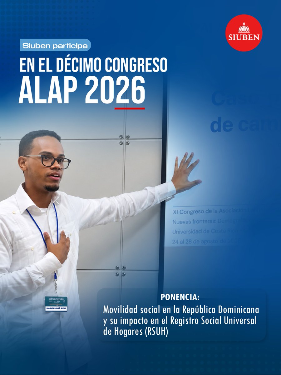 SiubenRD's tweet photo. Participamos en el #ALAP2026 en Costa Rica 🇨🇷 para compartir los avances del #SIUBENRD sobre movilidad social y la vigencia de los datos del Registro Social Universal de Hogares (RSUH) 📊.
#DatosParaTransformar #ProtecciónSocial https://t.co/JUhCJezg0g
