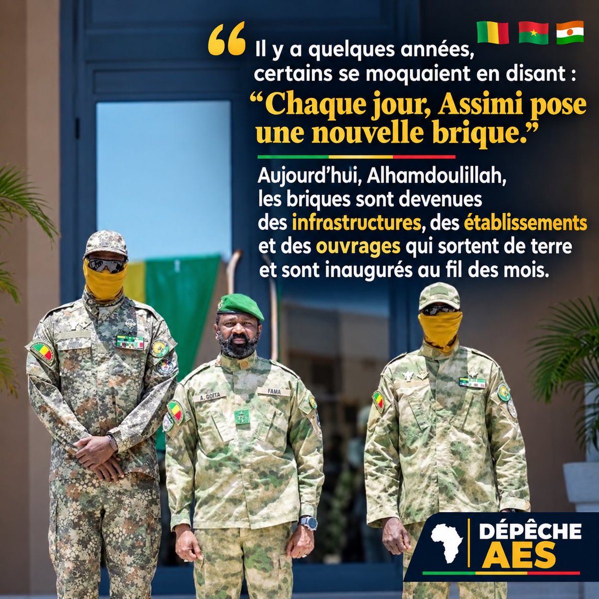 DepecheAES's tweet photo. #Mali: 🇲🇱 Il y a quelques années, certains se moquaient en disant: « Chaque jour, Assimi pose une nouvelle brique. »

Aujourd'hui, Alhamdoulillah, les briques sont devenues des infrastructures, des établissements et des ouvrages qui sortent de terre et sont inaugurés au fil des mois.✍🏽