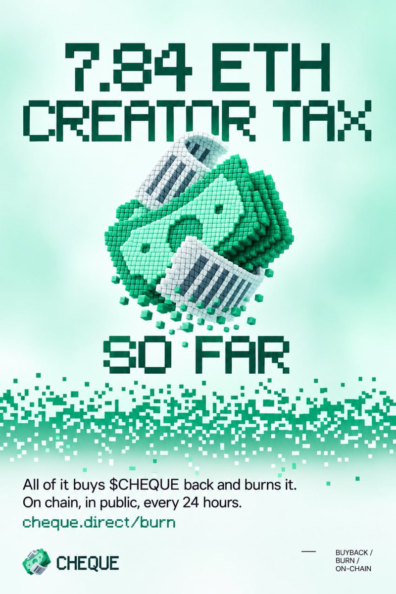 chequeapp's tweet photo. 7.84 ETH in creator tax so far.
All of it buys $CHEQUE back and burns it. On chain, in public, every 24 hours.

https://t.co/ybGb7Xc4z9 https://t.co/EdhHHtS8ML