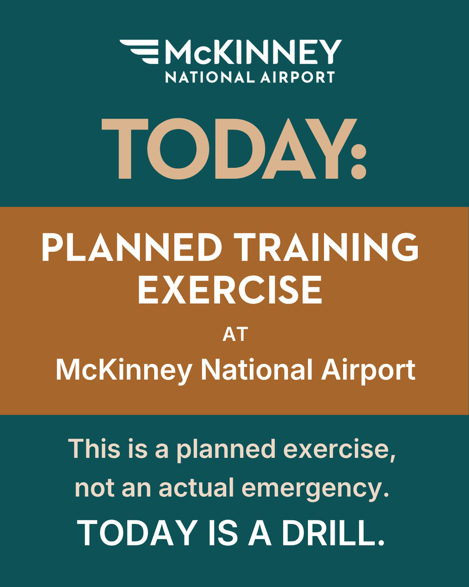 flyDTX's tweet photo. TODAY: PLANNED TRAINING EXERCISE AT MCKINNEY NATIONAL AIRPORT

The City of McKinney is conducting a full-scale emergency exercise at McKinney National Airport today, Sept. 18, until approximately 1:30 p.m. This is a planned exercise, not an actual emergency. https://t.co/gShKXhwdOb