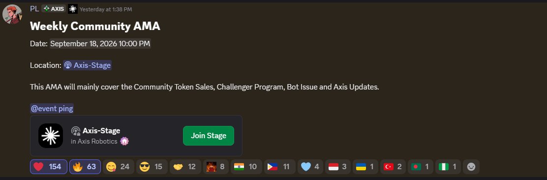 Tennngg's tweet photo. Axis AMA in less than an hour on Discord (Axis-Stage)

Hopping in to catch:
- Token sales
- Challenger Program 
- The bot issue
- Latest Axis updates.

Want real alpha on @axisrobotics ? Be there.

See ya guys !