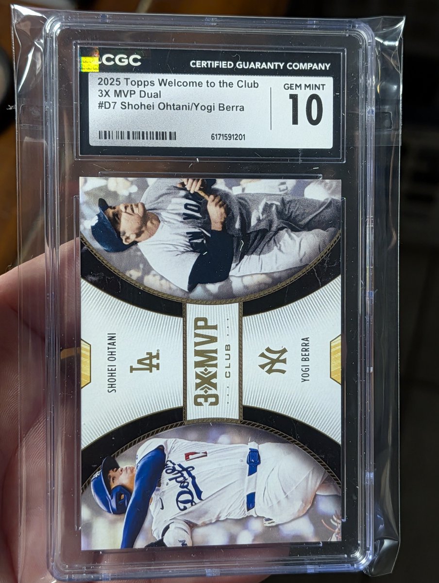 FF_Nemesis_00's tweet photo. Found a random Gems of the Game box at Walmart. Not a boat but not disappointed. 

2025 Topps Welcome to the Club 3x MVP Dual # D7 Shohei Ohtani / Yogi Berra - CGC 10 https://t.co/Nef66Qc4g9
