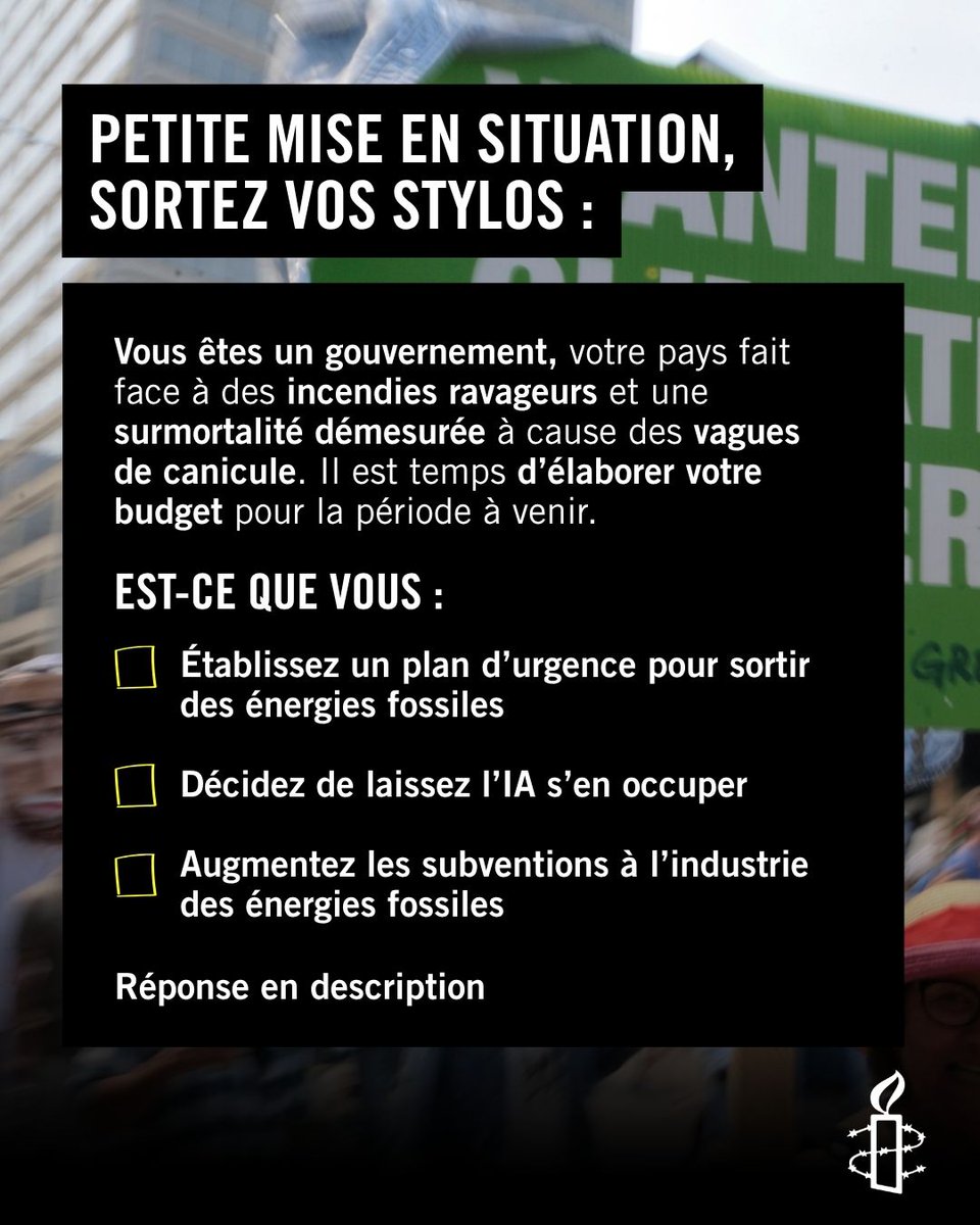 amnestybe's tweet photo. Il s’agit de la 3eme réponse. Le gouvernement garde le cap et augmente les subventions accordées aux énergies fossiles. Continuer d’investir dans des industries qui participent activement à la mise en danger de nos droits est un choix irresponsable.
Agir https://t.co/kaRb4FhNqP https://t.co/0bijOCv1Wh