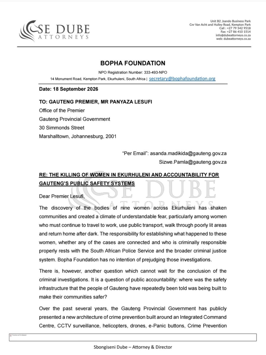 pule_jones's tweet photo. DEVELOPING:

The Bopha Foundation has formally requested that Gauteng Premier Panyaza Lesufi provide evidence regarding the operational status of public surveillance cameras and patrol vehicles, an accounting of active helicopters, verification of the panic-button system’s efficacy, and the publication of associated response data.

The foundation further emphasizes that the tragic deaths of the nine women in Ekurhuleni must not be trivialized as political spectacle, nor should the incident be leveraged to reach conclusions that fall strictly under the jurisdiction of investigators and the courts.

@eNCA