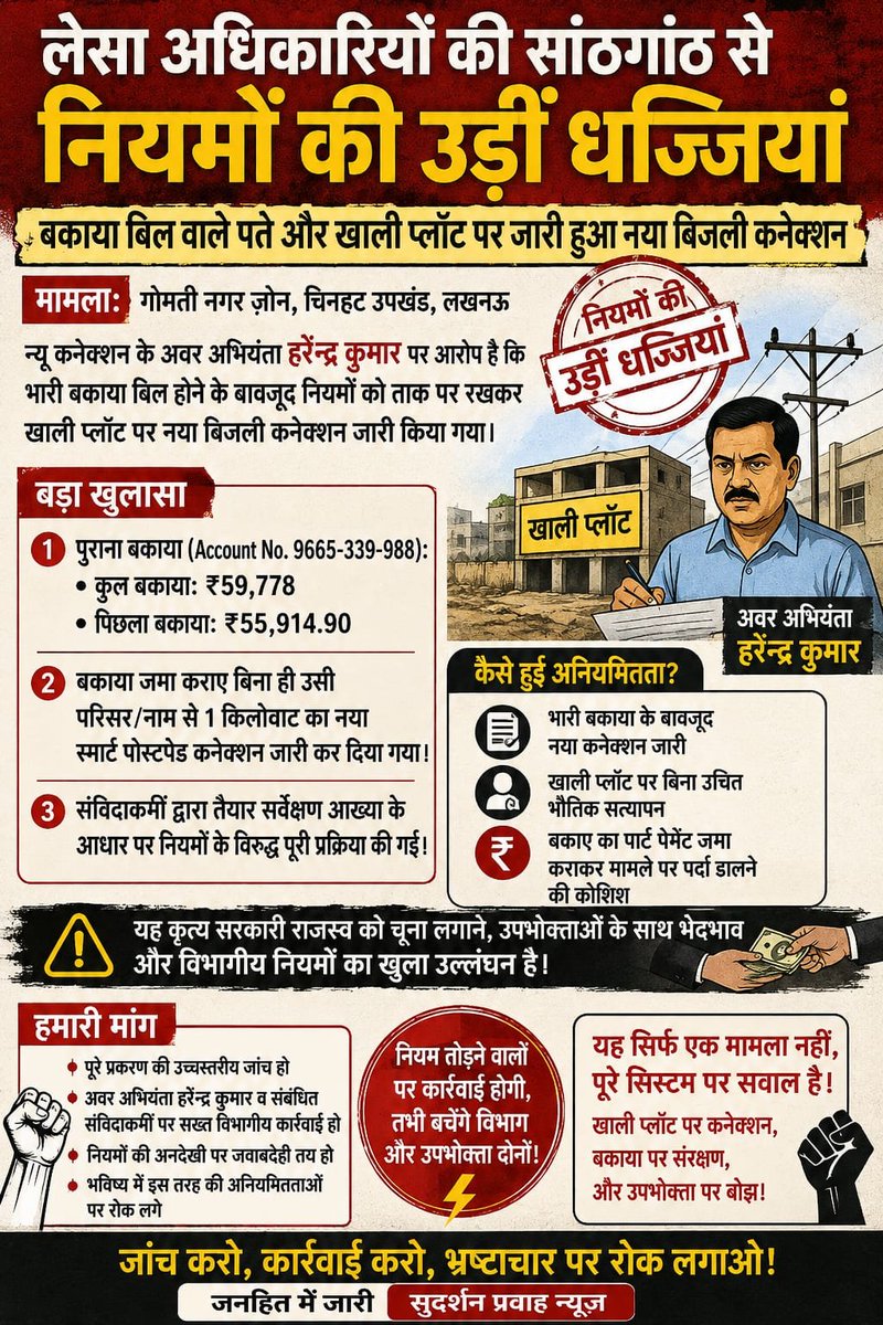 Chandra01696998's tweet photo. @myogiadityanath @myogioffice @CMOfficeUP @aksharmaBharat @EMofficeUP @ChairmanUppcl @mduppcl @MVVNLmd @MVVNLHQ @Gomtinagarzone @ChiefSecyUP 
लेसा अधिकारियों की सांठगांठ से नियमों की उड़ीं धज्जियां बकाया बिल वाले पते और खाली प्लॉट पर जारी हुआ नया बिजली कनेक्शन

||लखनऊ||

राजधानी के गोमती नगर ज़ोन अंतर्गत चिनहट उपखंड क्षेत्र से एक गंभीर प्रशासनिक अनियमितता और भ्रष्टाचार का मामला सामने आया है।

न्यू कनेक्शन के अवर अभियंता हरेन्द्र कुमार पर भारी बकाया बिल होने के बावजूद नियमों को ताक पर रखकर नया बिजली कनेक्शन जारी करने के गंभीर आरोप लगे हैं।

प्राप्त जानकारी के अनुसार गोमती नगर विस्तार पावर हाउस सेक्टर 01 स्थित भैंसौरा क्षेत्र में एक खाली प्लॉट पर यह कनेक्शन निर्गत कर दिया गया। विभागीय नियमों के विपरीत यह पूरी प्रक्रिया एक संविदाकर्मी द्वारा तैयार की गई सर्वेक्षण आख्या के आधार पर पूरी की गई।

मामले के दस्तावेज से बड़ा खुलासा हुआ है
पुराना बकाया (Account No. 9665-339-988): उक्त परिसर/उपभोक्ता पर कुल ₹59,778 का पुराना बकाया दर्ज था जिसमें ₹55,914.90 का पिछला बकाया शामिल था|

बकाया जमा कराए बिना ही उसी परिसर/नाम से मात्र 1 किलोवाट का नया स्मार्ट पोस्टपेड कनेक्शन जारी कर दिया गया।  

जैसे ही मामले की भनक अधिकारियों को लगी और खुलासा होने का डर हुआ आनन-फानन में बकाए का पार्ट पेमेंट जमा कराकर मामले पर पर्दा डालने की कोशिश की गई।

सरकारी राजस्व को चूना लगाने और खाली प्लॉट पर बिना उचित भौतिक सत्यापन के नियम विरुद्ध कनेक्शन निर्गत करने में अवर अभियंता हरेन्द्र कुमार व संबंधित संविदाकर्मी की भूमिका पर सवाल खड़े हो रहे हैं|

सुदर्शन प्रवाह उच्चाधिकारियों से इस पूरे मामले की जांच कर दोषियों पर सख्त विभागीय कार्यवाही की मांग की जा रही है।