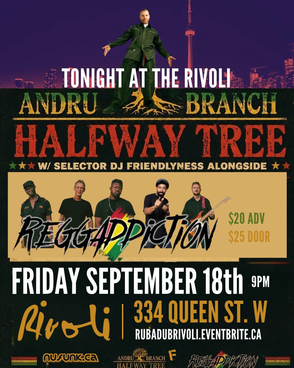 nufunk's tweet photo. 🌏Join us Tonight for some 🇨🇦Canadian Reggae 
📍at The Rivoli - 334 Queen St. W
⏰Set Times
9pm  DJ Friendlyness of @The_HumanRights
10pm @AndruBranch &amp; Halfway Tree (from Halifax)
11:20pm DJ Friendlyness
11:30pm @Reggaddiction
@TorontoReggae @NorthReggae 
https://t.co/Fh1RQ7Ntgi https://t.co/uT5pBhyTu2