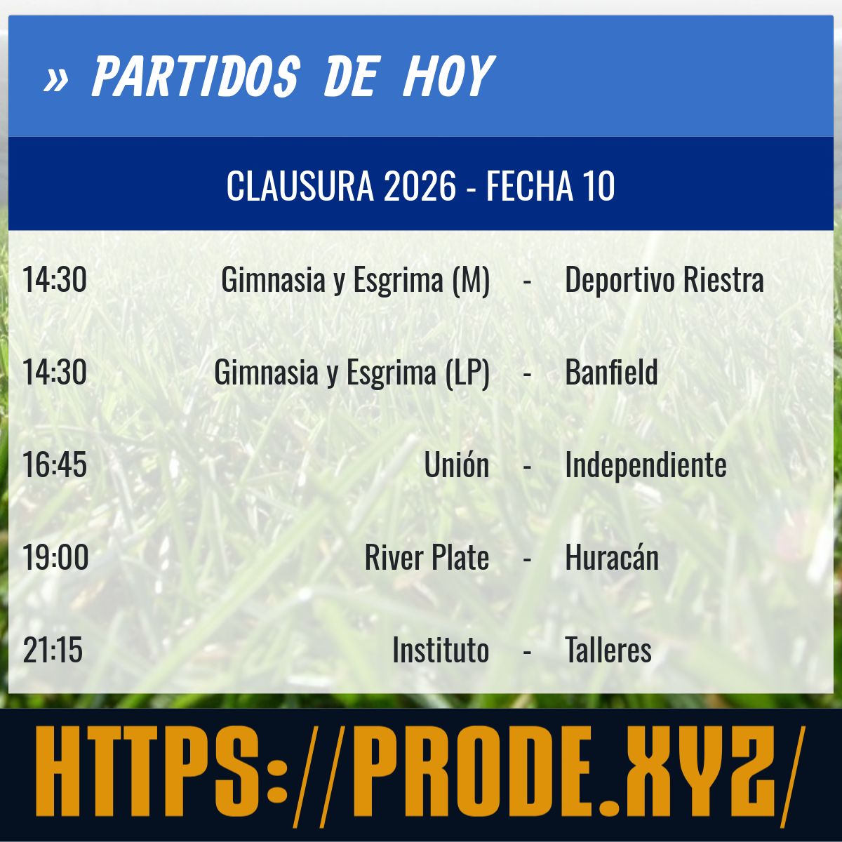 NuevoProdeArg's tweet photo. PARTIDOS DE HOY #Clausura2026

El 02/10 empieza la fecha 11 del Clausura 2026. Participá en el #PRODE en cualquiera de sus dos modalidades y ganate el premio. Tenés tiempo hasta el 02/10 a las 18:45

https://t.co/KrlvOsdssi
https://t.co/pfM8MgVRjA https://t.co/IKBdfIyacT