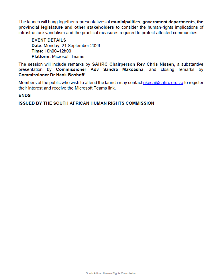 SAHRCommission's tweet photo. Media Advisory: SAHRC to Launch Policy Brief on Infrastructure Vandalism as a Human Rights Crisis https://t.co/6us5zHz5E2 https://t.co/lq61fD2XXr