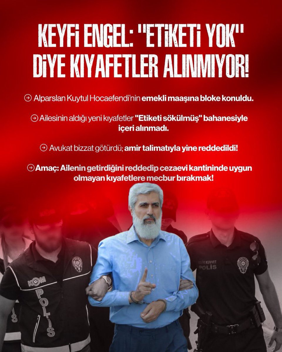 ManisaFh45's tweet photo. KEYFİ ENGEL: "ETİKETİ YOK" DİYE KIYAFETLER ALINMIYOR!

Ailesinin aldığı yeni kıyafetler "Etiketi sökülmüş" bahanesiyle içeri alınmadı.

Avukat bizzat götürdü; amir talimatıyla yine reddedildi!

#YargıEliyleZulüm
Cezaevleri BacasızSanayi
AlparslanHocaya KıyafetZulmü https://t.co/69mXaCzFVR